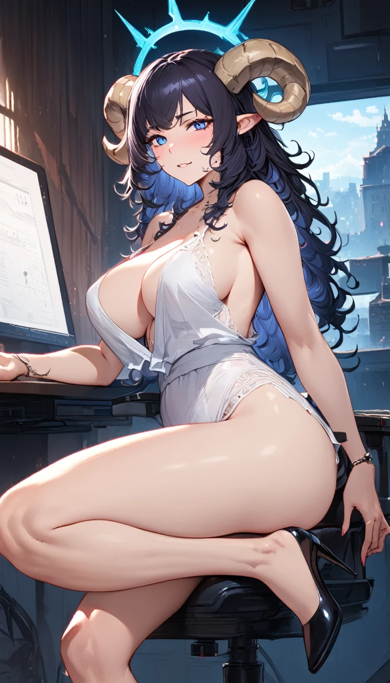 best quality,4k,8k,highres,masterpiece:1.2),ultra-detailed, extremely detailed eyes, extremely detailed body, (large masterpiece digital art), (detailed manga illustration), (detailed line art), ((perfect anatomy)), (intricate details:1.3), (ultra-detailed:1.3), (illustration:1.3), (sharp focus:1.3), (natural lighting:1.05), (vivid colors:1.3), (masterpiece), (best quality:1.4), (perfect anatomy:1.4), high quality, expressive eyes, full body, detailed face, beautiful face, perfect face, 1 girl, large breasts, very long hair, black hair, curly hair, wild hair, detailed hair, white dress shirt, black pants, pale skin, sapphire-blue eyes, demon, blue halo, sheep horns, curled horns, (horizontal pupils), sexy face, pointy ears, splash art, the demon girl, curvy, sitting in an office chair at a desk with feet on desk, black high heels, cinematic lighting, dramatic atmosphere, Atey Ghailan, Jeremy Mann, Greg Manchess, Antonio Moro, trend in ArtStation, trend in CGSociety, Intricate, High Detail, Sharp focus, dramatic and photorealistic painting art by Midjourney and Greg Rutkowski, Jeff Bridges, ((cartoon style)), Marvel Cinematic Universe style, (((darkly lit office in the background))),