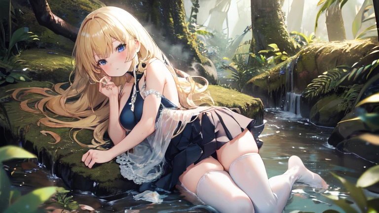 super high quality, Super detailed, Ultra-clear, forest, one person, long blonde hair, sleep, Swimsuit, beautiful color clothes, mini skirt, Stockings, Sexy
