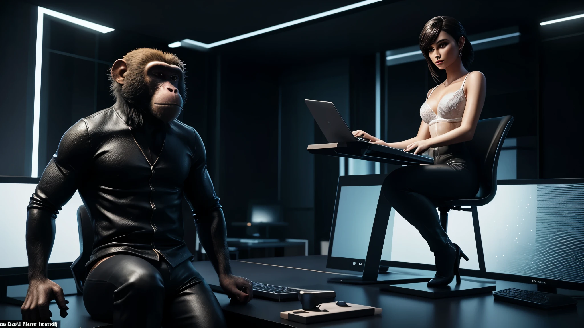 A captivating 3D render of a monkey in a casual yet stylish outfit, with tight-fitting pants, sitting at a computer desk. Its head is turned backward with an intense gaze as it focuses on a seductive woman wearing alluring lingerie. The monkey's hands are covered in glowing white slime, reminiscent of mayonnaise, adding an unexpectedly surreal touch to the scene. The background is a dark, mysterious space that amplifies the cinematic atmosphere of the image., photo, 3d render, cinematic