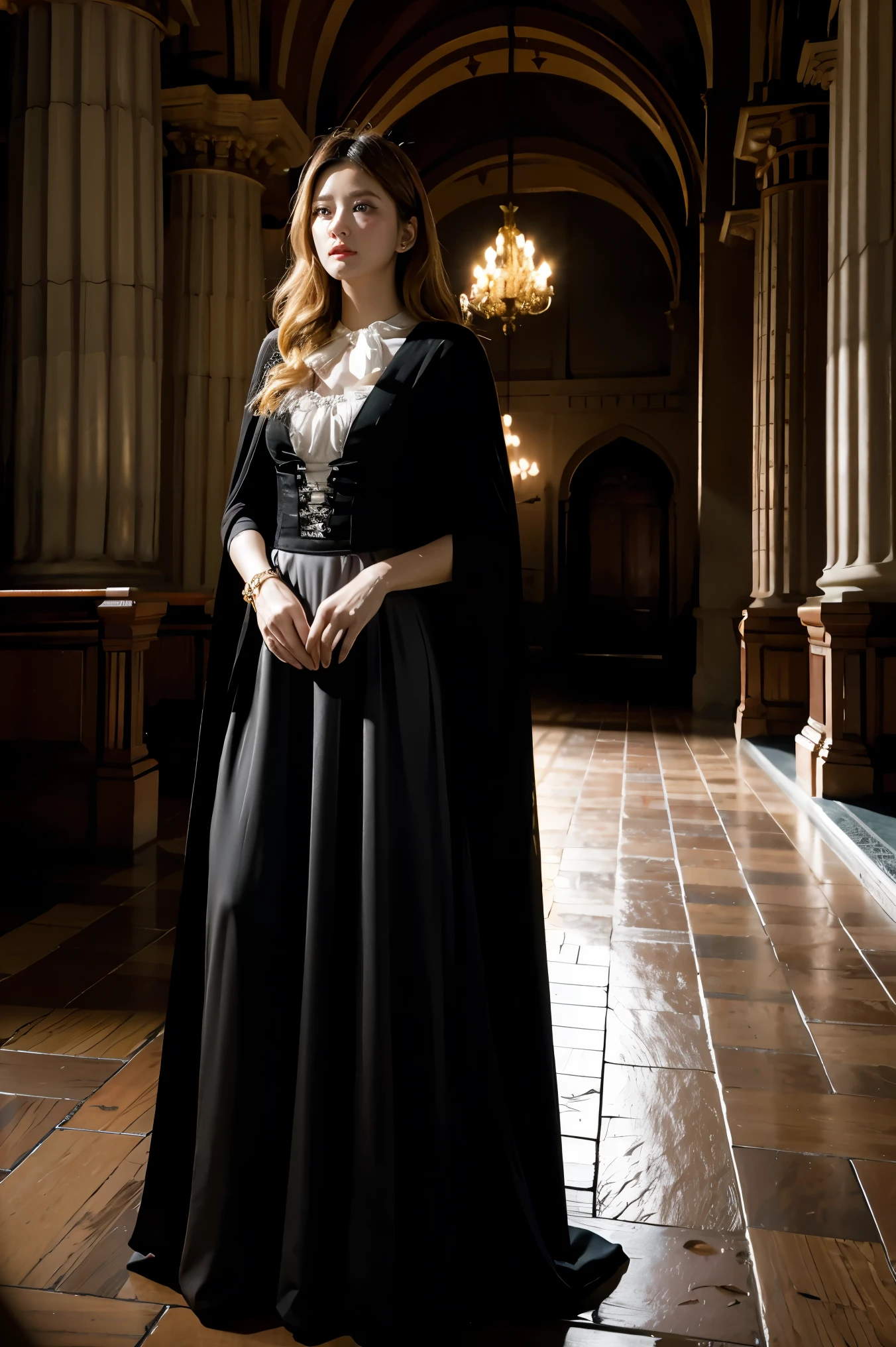 dark soul, dim light, old church, mature female, slim, tall, long blonde curly hair, long black cape, red leotardy long skirt, long skirt with diamond, gold bracelet, 8k, Official style, European aristocracy, 