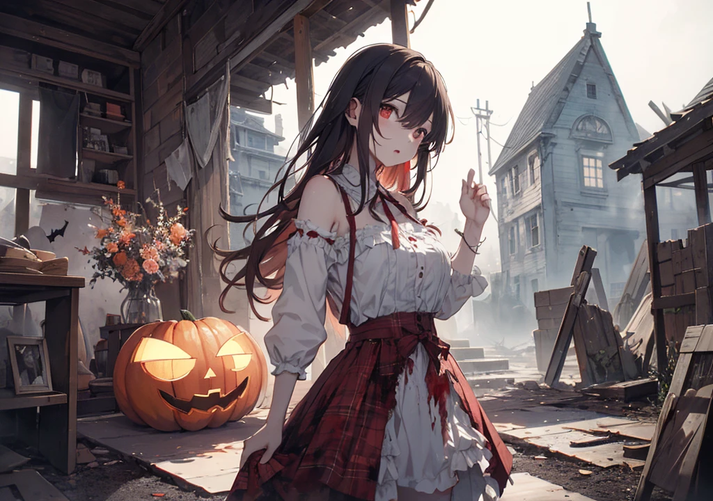 Realistic photos, Focus distance 10mm, Red and white, Beautiful girl, Realistic photos, Focus distance 10mmで撮影, masterpiece, 最high quality, high quality, Very detailed CG 8k wallpaper unit, Award-winning photography, Depth of written boundary, High resolution, bloom, chromatic aberration, Realistic, Very detailed, Art Station Trends, CGsociety Trends, Complex, High detail, dramatic, Art on the go, volumetric lighting, In an old haunted house、A beautiful girl in bloody clothes、Walking around with arms outstretched like a zombie。The background features ruined buildings and an eerie fog., spooky, horor, Halloween