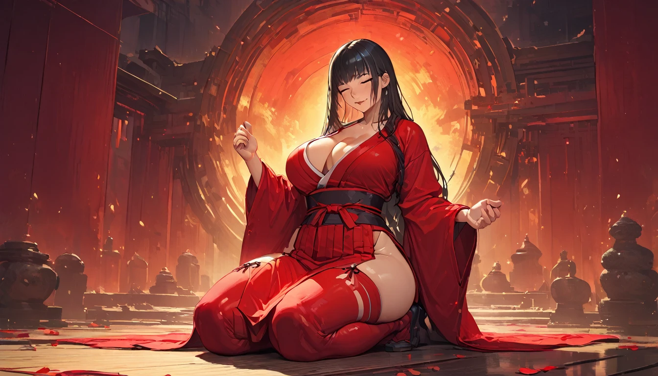 best quality,4k,8k,highres,masterpiece:1.2),ultra-detailed, extremely detailed eyes, extremely detailed body, (large masterpiece digital art), (detailed manga illustration), (detailed line art), ((perfect anatomy)), (intricate details:1.3), (ultra-detailed:1.3), (illustration:1.3), (sharp focus:1.3), (natural lighting:1.05), (vivid colors:1.3), (masterpiece), (best quality:1.4), (perfect anatomy:1.4), high quality, expressive eyes, full body, detailed face, beautiful face, perfect face, 1 girl, breasts, cleavage, gloves, large breasts, Japanese clothes, jacket, (underboob), robe, sash, belt pouchs, very long hair, thigh length hair, Japanese female, detailed ((black hair)), straight hair, Hime cut , closed eyes, curvaceous physique, arm wrap, hakama, hakama skirt, haori, miko, monk, thick thighs, toned, dynamic lighting, cinematic lighting, seiza, meditation, focused, Japanese temple background, curvy, Atey Ghailan, Jeremy Mann, Greg Manchess, Antonio Moro, trend in ArtStation, trend in CGSociety, Intricate, High Detail, Sharp focus, dramatic and photorealistic painting art by Midjourney and Greg Rutkowski, Jeff Bridges, ((cartoon style)), Marvel Cinematic Universe style