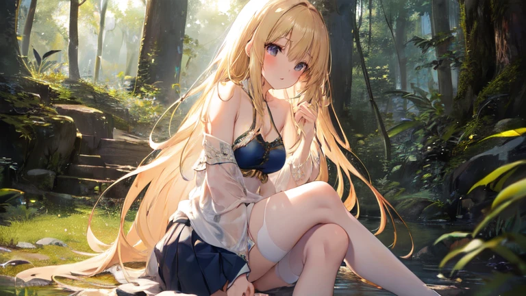 super high quality, Super detailed, Ultra-clear, forest, one person, long blonde hair, sleep, Swimsuit, beautiful color clothes, mini skirt, Stockings, Sexy