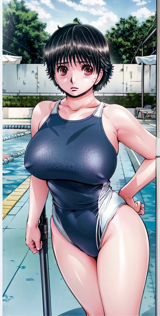 A beautiful woman with short hair, big breasts and beautiful legs is standing by the pool in a competitive swimsuit with a stunned expression and blushing face, with a middle-aged man pointing a camera lens at her.。