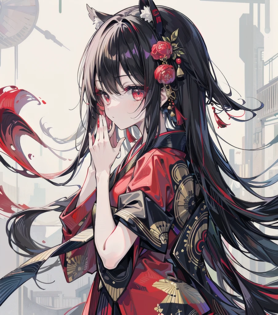 (masterpiece, highest quality:1.2), One girl, alone, (junihitoe:1.2), (12 layered kimono:1.2), (very long straight black hair:1.2), (no hair ornaments:1.2), red karaginu, court crest print, open hiogi, purple-red hakama, white mo-skirt, red bodered strip, hole body, From diagonally ahead, from front, from side, simple Background, blank background,