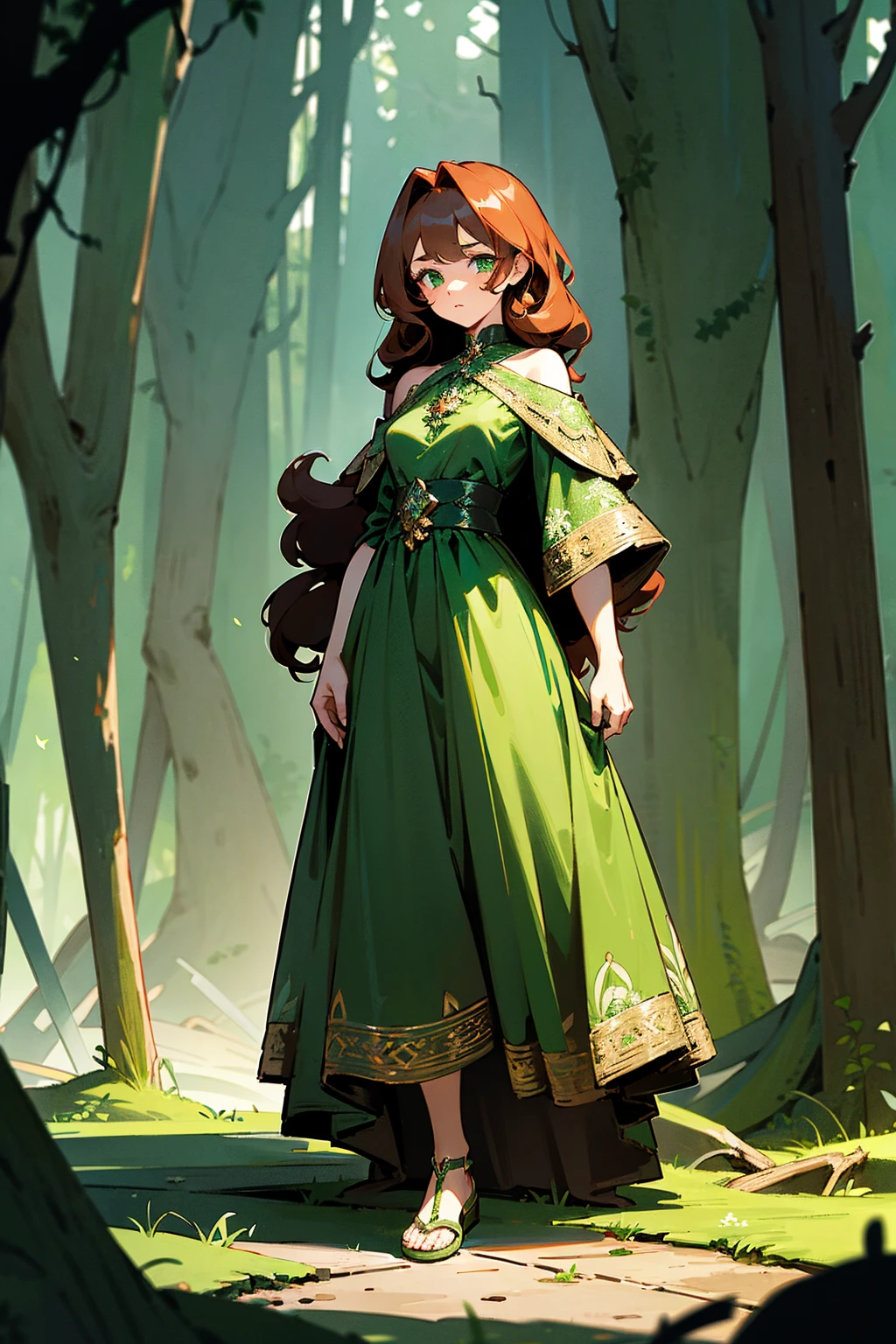 Masterpiece, 8k, a girl with curly, shoulder-length auburn hair and emerald green eyes, wearing a dark green dress with intricate leaf patterns, paired with brown sandals. She stands in an ancient ruin with overgrown vines and a mystical aura. Standing on path