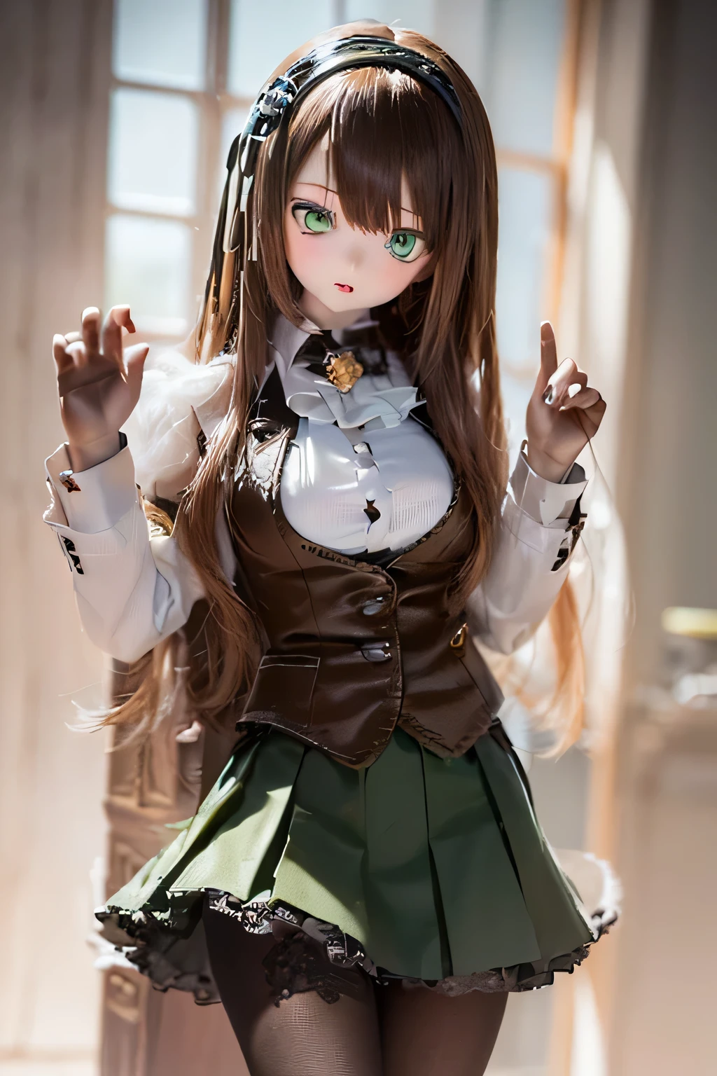 (SFW:2), photorealistic, realistic photo, 8k, ((highest quality)), ((masterpiece)), (extremely detailed), kukolnydom, doll, (mature woman, 21yo, 21 years old, looking at viewer, solo:1.6), ((cowboy shot, standing, slim, slender, skinny, medium breasts, hairband, ascot, dress shirt, long puff sleeves, pleated skirt, black pantyhose)), (green eyes, brown hair, long hair, plastic skin, glass eyes, gradient eyes, shining eyes, detailed eyes:1.3)