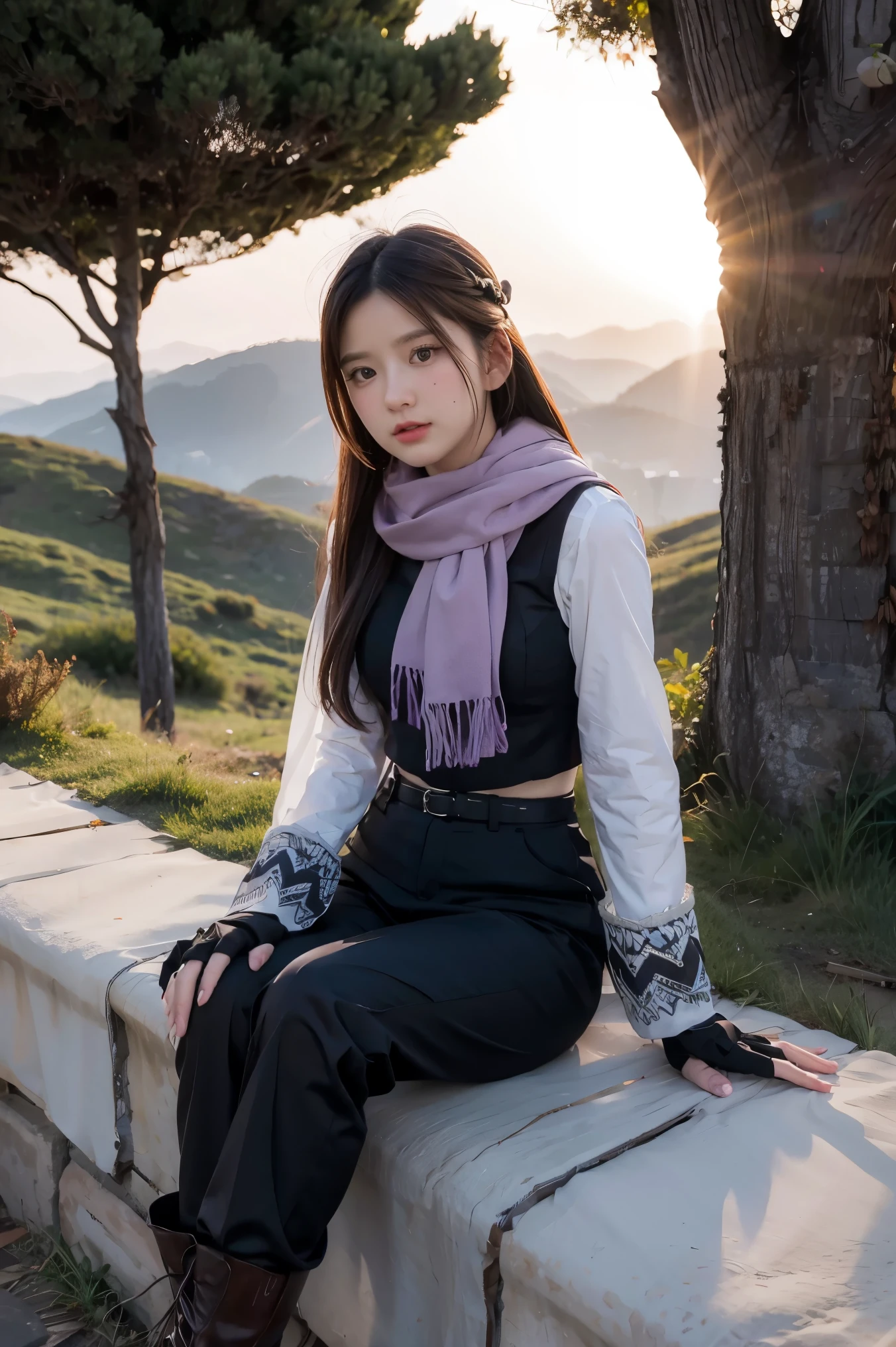 1girl, (best quality, beruka, gauntlets), armor, purple scarf, black gloves, pants, boots, bandana on the head, sitting, in front, trees, mountain, beautiful scenery in the background, soft sunset, subtle reflections on the ground