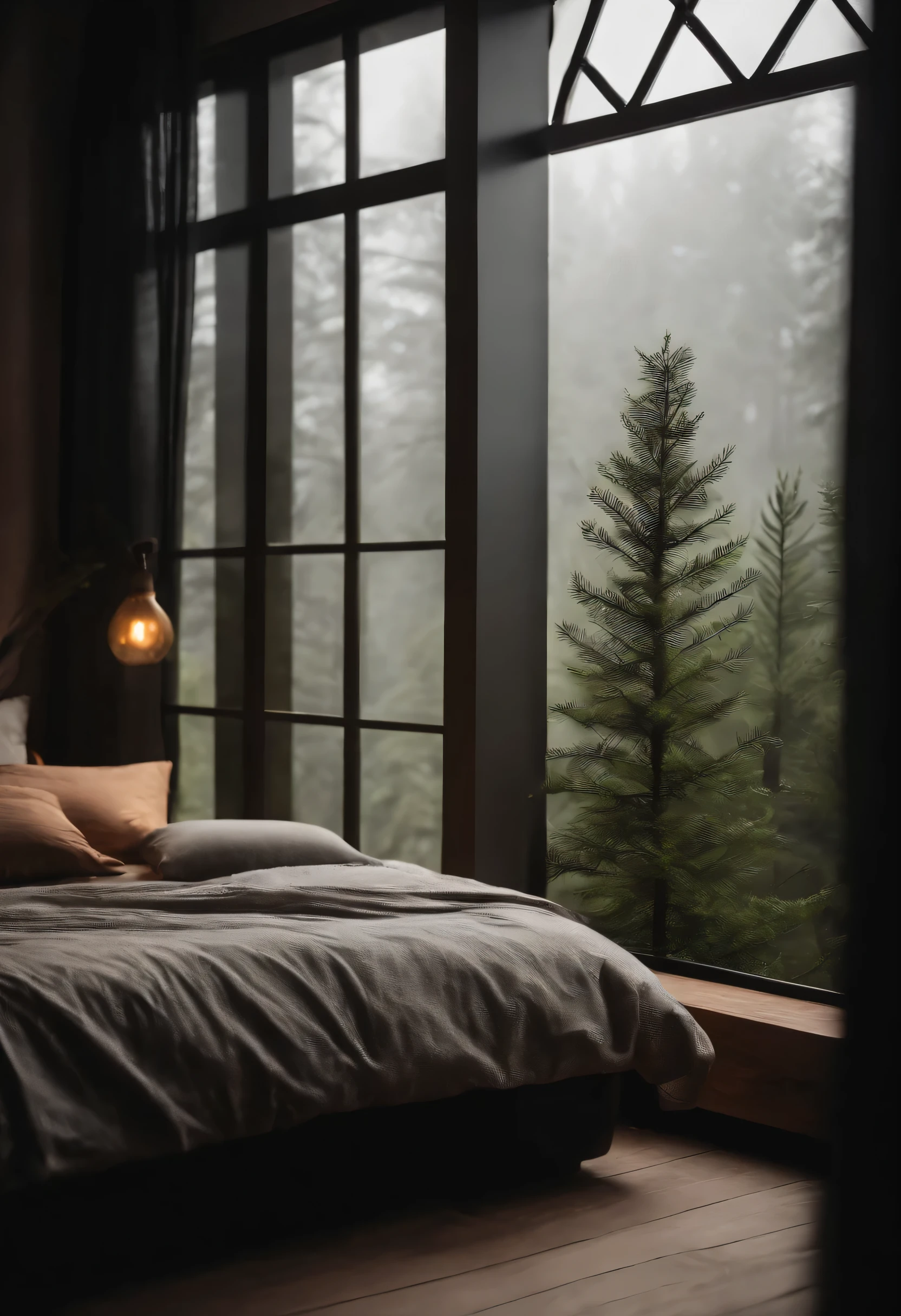 (masterpiece, bestquality),Bedroom with Pine Forest View,Outside the window,It's raining,Fog,Soft mattress, forests,warm,