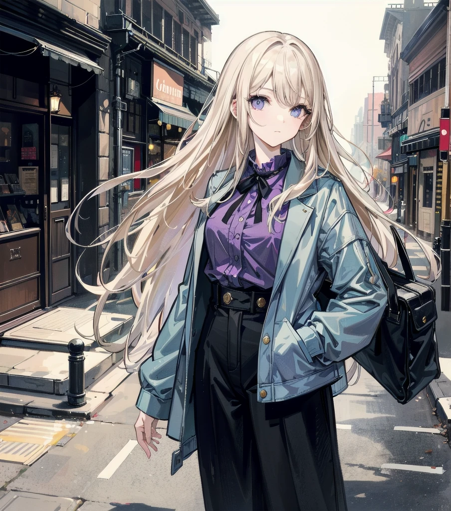 Photo of a beautiful blonde caucasian woman standing on a street corner, Perfect model body shape, Stylish pants style, colorful purple shirt, sunglasses, very stylish, with influence of Jeremy Mann, Jeremy Mann, style of Jeremy Mann, Jeremy Mann painting, Jeremy Mann art, Ron Hicks, Liepke, Jeremy Mann and alphonse mucha, Works that influenced Edmund Blampid, robert lenkiewicz, Casey Baugh and James Jean, Works that influenced Willem Kalf, Nick Alm, tumbler, figurative art, intense watercolor, watercolor detailed art,Beautiful and expressive paintings, Beautiful artwork illustration, wonderful, cool beauty, masterpiece, highest quality, official art, perfect composition, perfect angle, best shot, The perfect subject, women only, sharp outline, romantic, Moody, very beautiful and detailed eyes, beautiful and delicate eyes, ideal animation, sentimental, 25th street new york, close