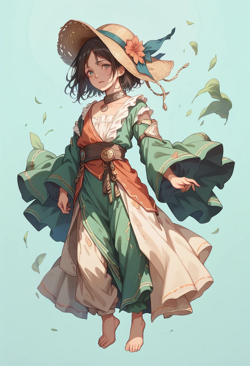 full body, femboy, A young slave, medium hair, Shabby clothes, Headwear, Tattered clothes, barefoot, first round, fantasy,(simple background:1.3)