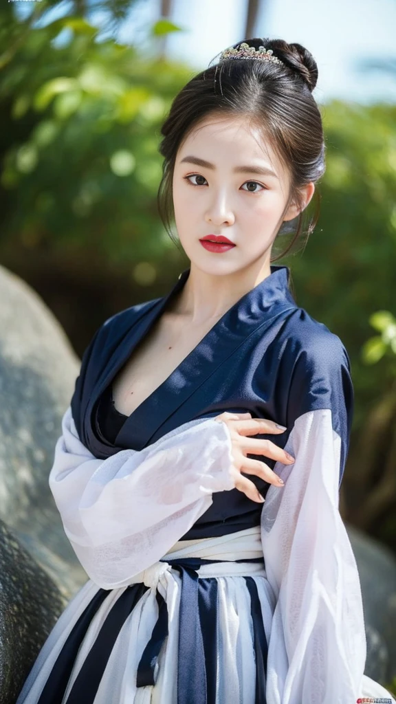 ((top quality, 8k, masterpiece: 1.3)),    beauty.   hidden face.     body slim thin seductive.  ((Queen's Mother. Korean royal empress)),     very detailed lips,     detailed eyes,     double eyelid,    face with makeup.    lipstick.     hair accessories,      hair bun.

((Wet hanbok)),

long legs_whole body.    sit down.     on the rocks.     at the edge of the waterfall, (((busty)))