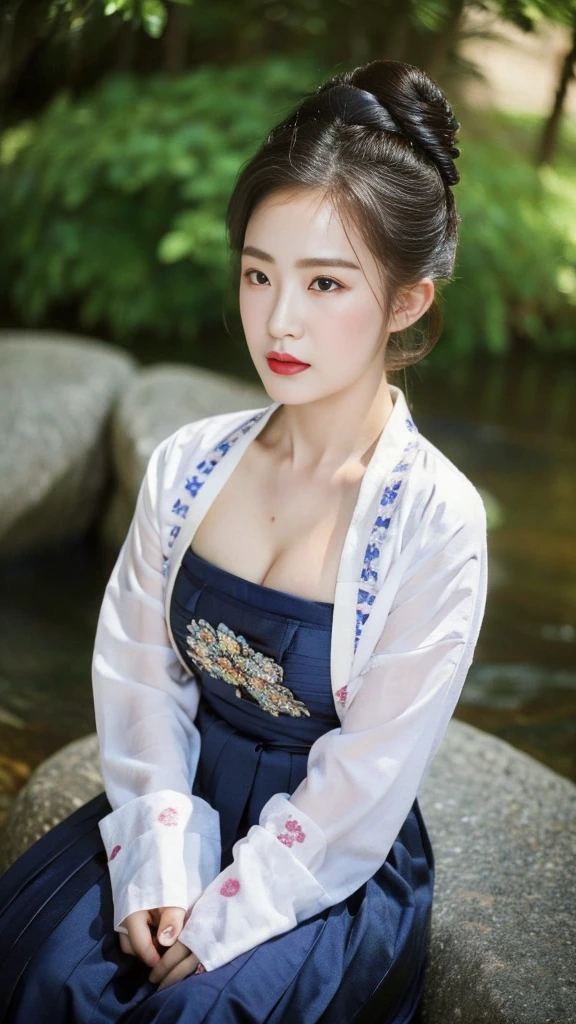 ((top quality, 8k, masterpiece: 1.3)),    beauty.   hidden face.     body slim thin seductive.  ((Queen's Mother. Korean royal empress)),     very detailed lips,     detailed eyes,     double eyelid,    face with makeup.    lipstick.     hair accessories,      hair bun.

((Wet hanbok)),

long legs_whole body.    sit down.     on the rocks.     at the edge of the waterfall, (((busty)))