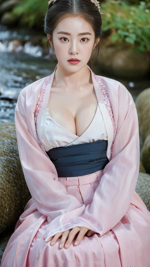 ((top quality, 8k, masterpiece: 1.3)),    beauty.   hidden face.     body slim thin seductive.  ((Queen's Mother. Korean royal empress)),     very detailed lips,     detailed eyes,     double eyelid,    face with makeup.    lipstick.     hair accessories,      hair bun.

((Wet hanbok)),

long legs_whole body.    sit down.     on the rocks.     at the edge of the waterfall, (((busty)))