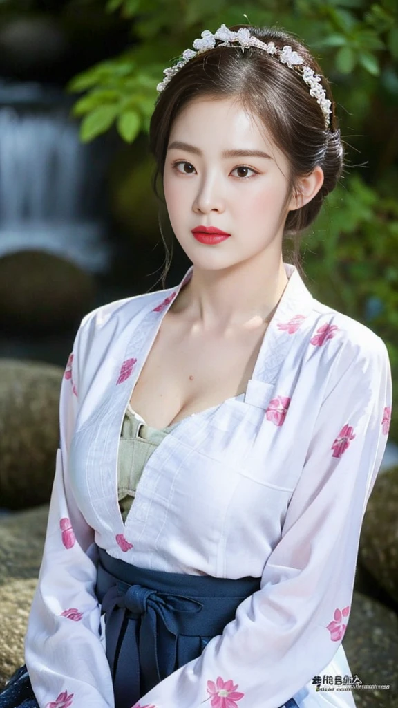 ((top quality, 8k, masterpiece: 1.3)),    beauty.   hidden face.     body slim thin seductive.  ((Queen's Mother. Korean royal empress)),     very detailed lips,     detailed eyes,     double eyelid,    face with makeup.    lipstick.     hair accessories,      hair bun.

((Wet hanbok)),

long legs_whole body.    sit down.     on the rocks.     at the edge of the waterfall, (((busty)))