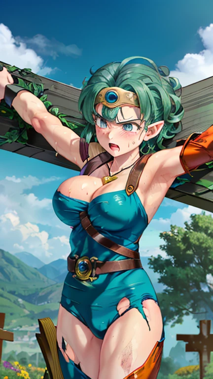 One girl,18-year-old,Excellent anatomy, masterpiece, Highest quality,Realistic, hyperRealistic, 16k hdr,(necklace,Cleavage,damaged body,Sweat,Beautiful Face,Mature Woman,Muscular Paladin,Torn Costume,Arm guard,Leg guards,Shoulder Armor:1.2),(blush,anger,:1.2),Fantasy World,Outdoor,village,blue sky,(Surrounded by many vicious horny goblins:1.3),(Decorated Cross:1.3),(Crucifixion,Spread the word_arms,Tie your arms:1.5),According to LoRA