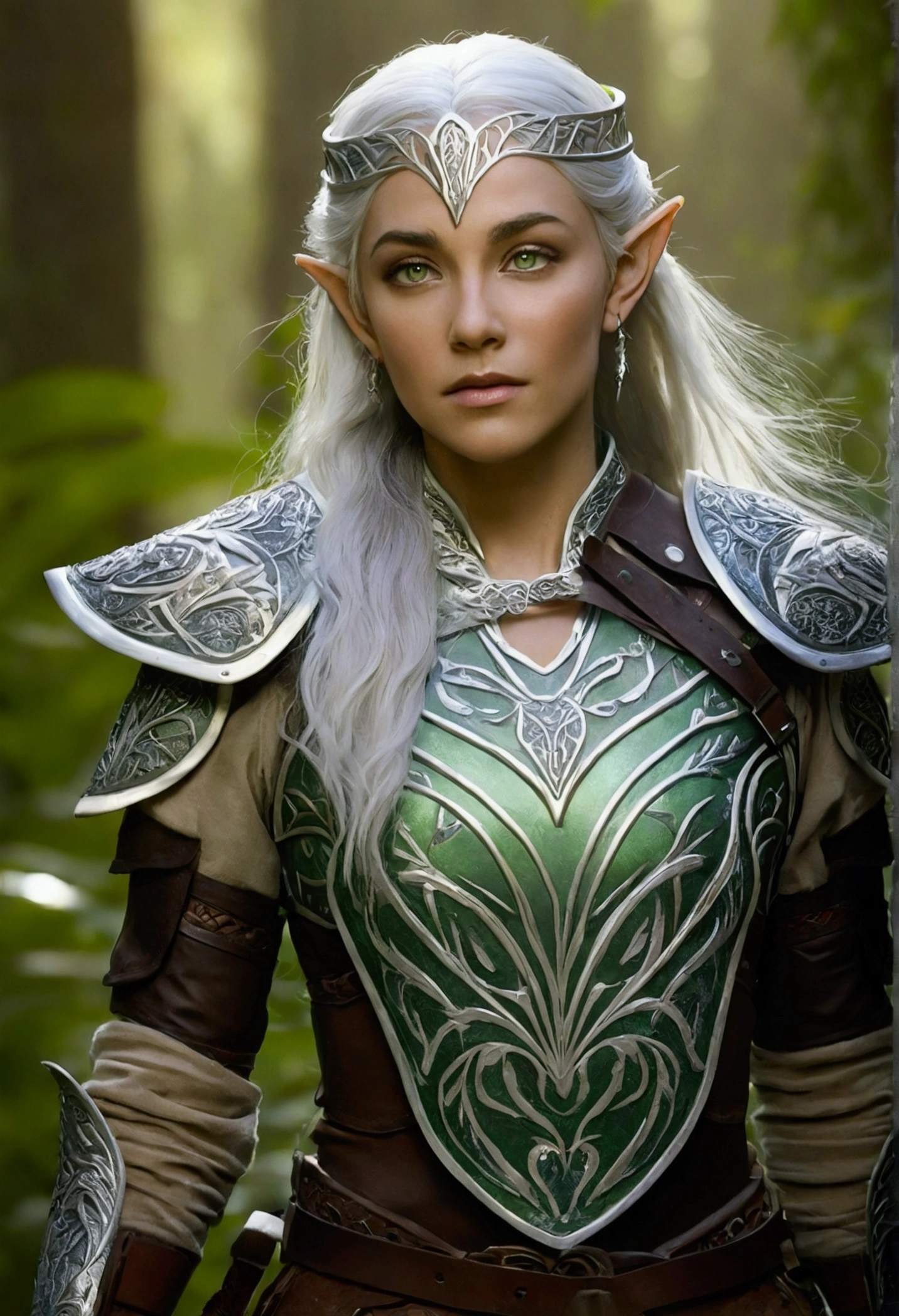 Description: An ethereal elven ranger with flowing silver hair and piercing green eyes, clad in intricately designed leather armor. She stands poised with a beautifully carved bow, surrounded by glowing flora and mystical creatures.
Style: High Fantasy, vibrant colors, intricate details
Photography: Soft lighting, shallow depth of field, focus on the ranger with a blurred, glowing forest background
D&D Character: Elven Ranger