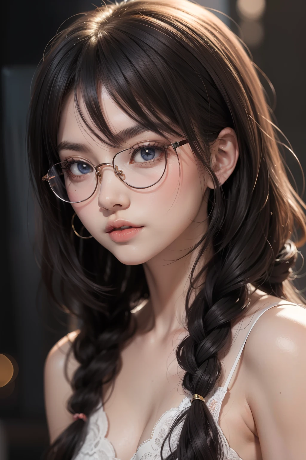 Anime girl, with glasses and long hair, evil but beautiful
