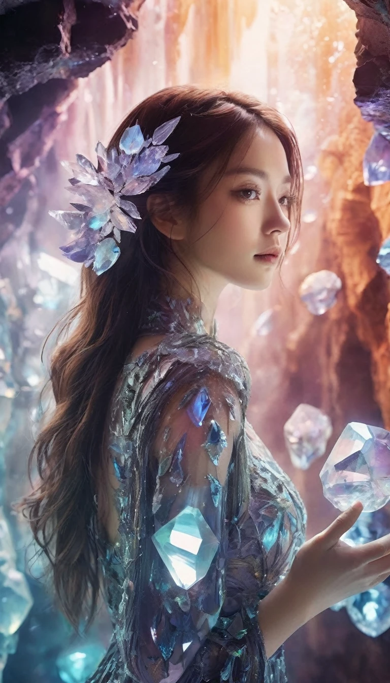 A beautiful woman，Half-length photo，Wearing clothes made of crystal，Surround yourself with magical cave walls made of mineral crystals，covered with precious crystals, Crystal Cluster，underground, exploration, Stibnite crystals，Glowing crystal, fluorite crystal,Related mineral crystals , Mysterious atmosphere, Shiny crystal, Natural Crystal, sparkling reflections, underground湖, Hidden treasure, mineral structure，(Best quality，Extremely detailed，Best Illustration Award，The best shadow，masterpiece，high resolution，），Surrealism，(Multiple Exposure:1.5)