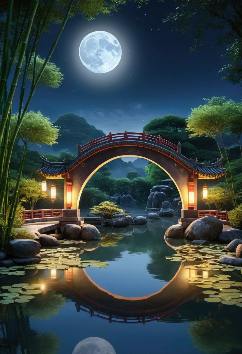 (Beautiful ancient Chinese architecture, Moonlight twinkling, Lake at night, Bamboo Forest, Stone Bridge Arch, Rippling water, Rockery trails, Blooming water lilies, Hot spring steam, Auspicious moonlight illustration: 1.0), Epic creation, Super detailed and realistic, Highly realistic lighting, Best wallpaper quality, masterpiece. (Very detailed CG Unity 8k wallpaper) .