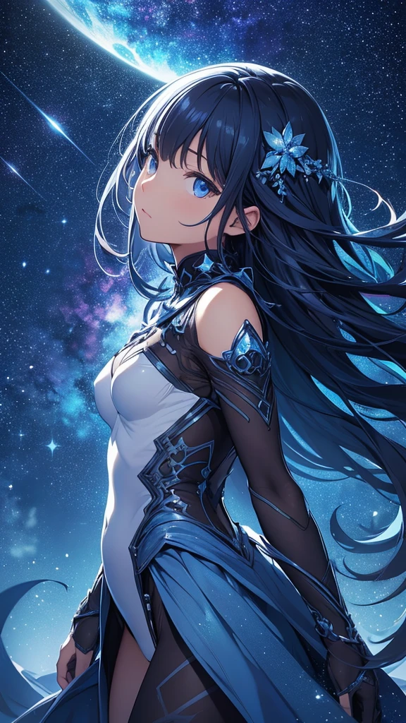 Very beautiful starry sky scenery、Sense of presence、A starry road leading to the starry sky、1A girl is looking up、Tilt Up、Immersion、Cool blue shades、Bright colors、Starry sky color spectrum、High Contrast、Watercolor technique、((detailed))、((high quality))、((well structured))、((Anatomically correct))、((Good composition))、((Good perspective))、((masterpiece))、( ( detailed outline))、((extremely detailed))、((Digital Art))、Digital Illustration、((well-proportioned body))、High resolution、High resolution、Full definition、Full resolution、detailed face、4K、High resolution、sharp、perfection、depth、with depth、sharpなフォーカス、Depth of written boundary