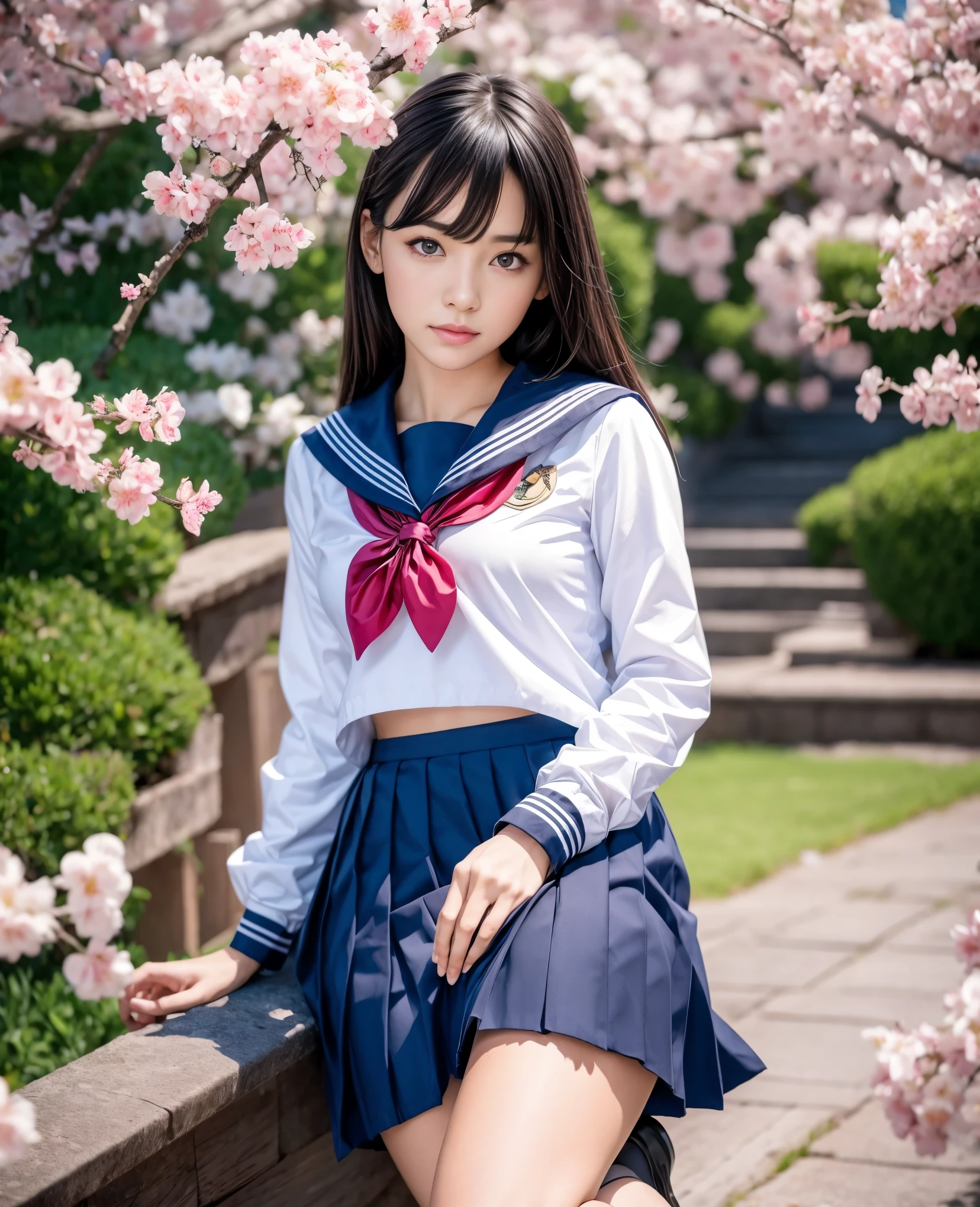 1girl,18yo girl,sailor uniform,((ankle length skirt)),beautiful detailed eyes,beautiful detailed lips,extremely detailed face,longeyelashes,outdoor,cherry blossom tree,sakura petals,natural lighting,vibrant colors,realistic,photorealistic,photo-realistic:1.37,best quality,8k,masterpiece:1.2,ultra-detailed,studio lighting,vivid colors