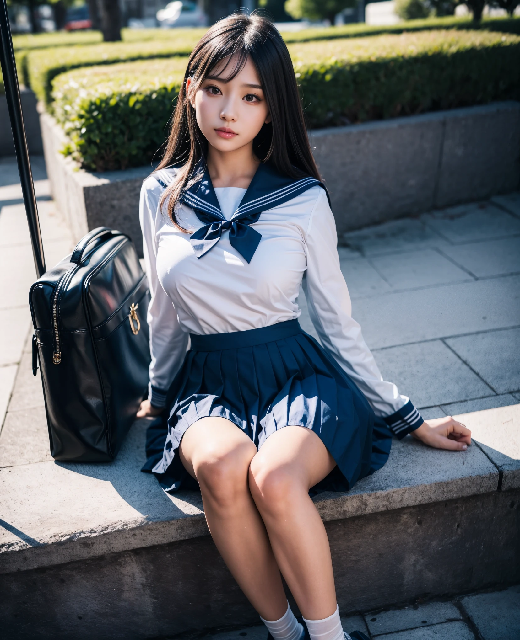 1girl, 18yo girl, sailor uniform, ((ankle length long skirt)), at the bus stop, big breast size, detailed face, beautiful eyes, long eyelashes, delicate facial features, serene expression, soft natural lighting, pastel colors, realistic, photorealistic, 8k, high quality, masterpiece