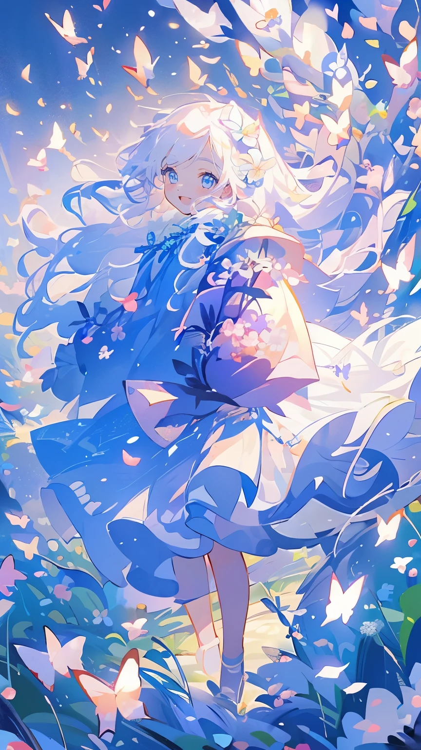 (Mastepiece), (Best Quality), Very detailed, 1 girl, Solo full body shot, Perfect Face, beautiful girl, Very detailedな顔，(Long white hair:1.5)，(blue eyes:1.4)，(Lots of butterflies々:1.2)、(Flower Field:1.4)、(Lots of petals:1.3)、(gem:1.3)、(smile:1.3)
