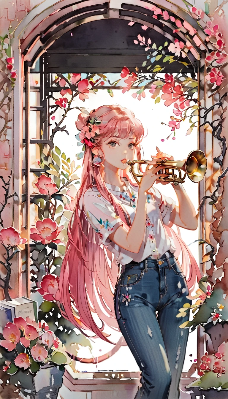 (((Paper-cut style))), 1 girl, Pink long hair, Straight Hair, Double tail, playing trumpet, folder, shirt, denim