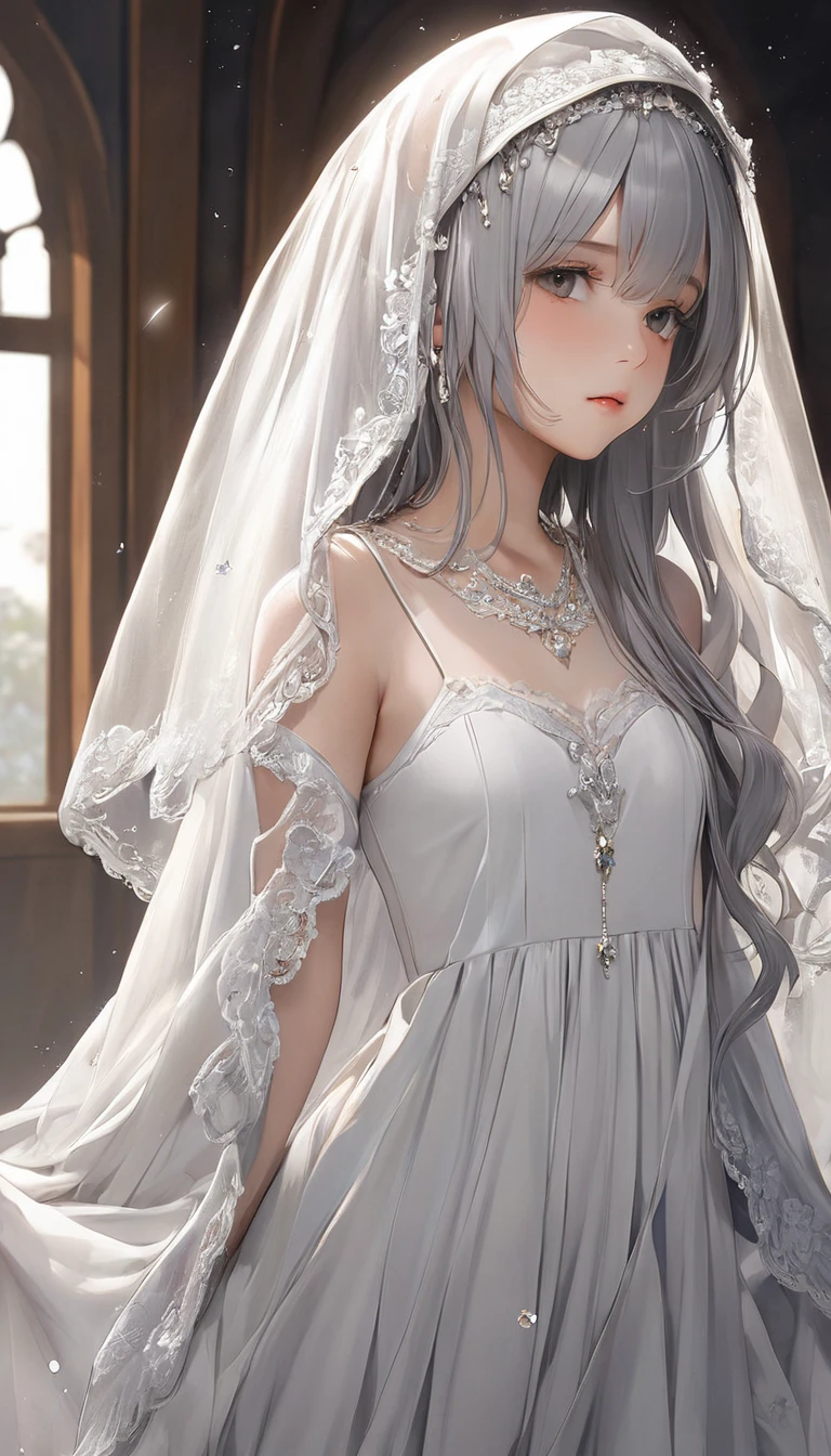(masterpiece, Highest quality:1.2), One girl, alone,bony body、15 years old、Veil on head, Grey Veil, Gray Hair, Grey White, Gubes&#39;s art style, Arrogant and indifferent girl, Half-squinted, White eyes玉, White eyes, National style, Off-white