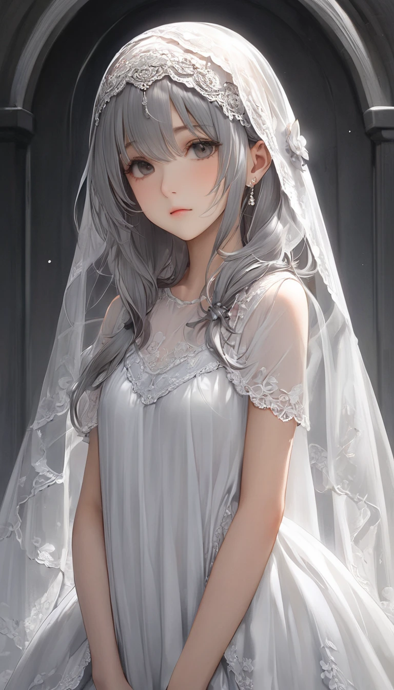(masterpiece, Highest quality:1.2), One girl, alone,bony body、15 years old、Veil on head, Grey Veil, Gray Hair, Grey White, Gubes&#39;s art style, Arrogant and indifferent girl, Half-squinted, White eyes玉, White eyes, National style, Off-white