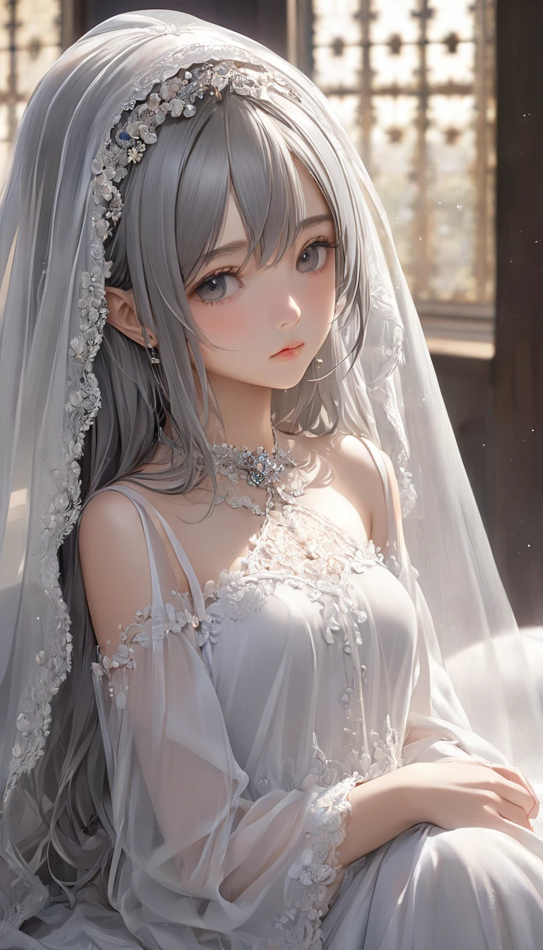 (masterpiece, Highest quality:1.2), One girl, alone,bony body、15 years old、Veil on head, Grey Veil, Gray Hair, Grey White, Gubes&#39;s art style, Arrogant and indifferent girl, Half-squinted, White eyes玉, White eyes, National style, Off-white
