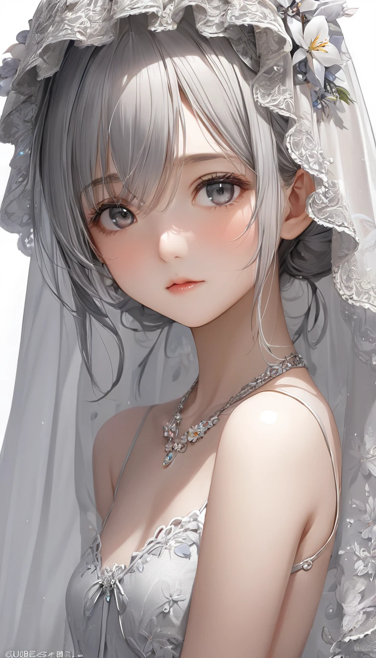 (masterpiece, Highest quality:1.2), One girl, alone,bony body、15 years old、Veil on head, Grey Veil, Gray Hair, Grey White, Gubes&#39;s art style, Arrogant and indifferent girl, Half-squinted, White eyes玉, White eyes, National style, Off-white