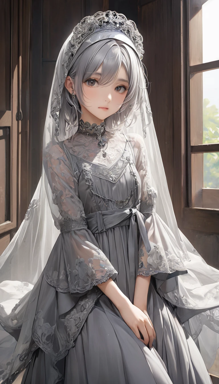 (masterpiece, Highest quality:1.2), One girl, alone,bony body、、Veil on head, Grey Veil, Gray Hair, Grey White, Gubes's art style, Arrogant and indifferent girl, Half-squinted, White eyes玉, White eyes, National style, Off-white