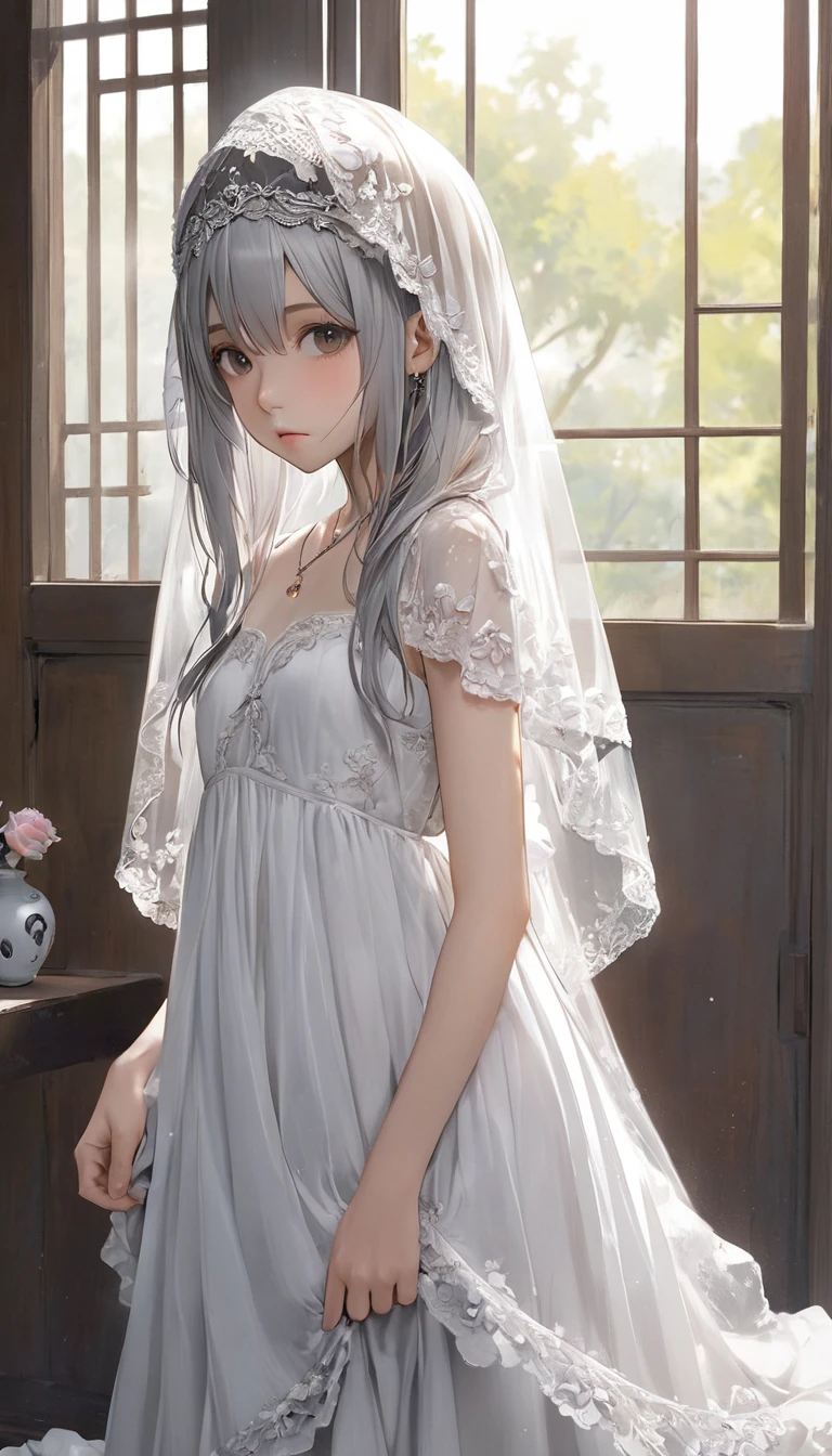 (masterpiece, Highest quality:1.2), One girl, alone,bony body、、Veil on head, Grey Veil, Gray Hair, Grey White, Gubes&#39;s art style, Arrogant and indifferent girl, Half-squinted, White eyes玉, White eyes, National style, Off-white
