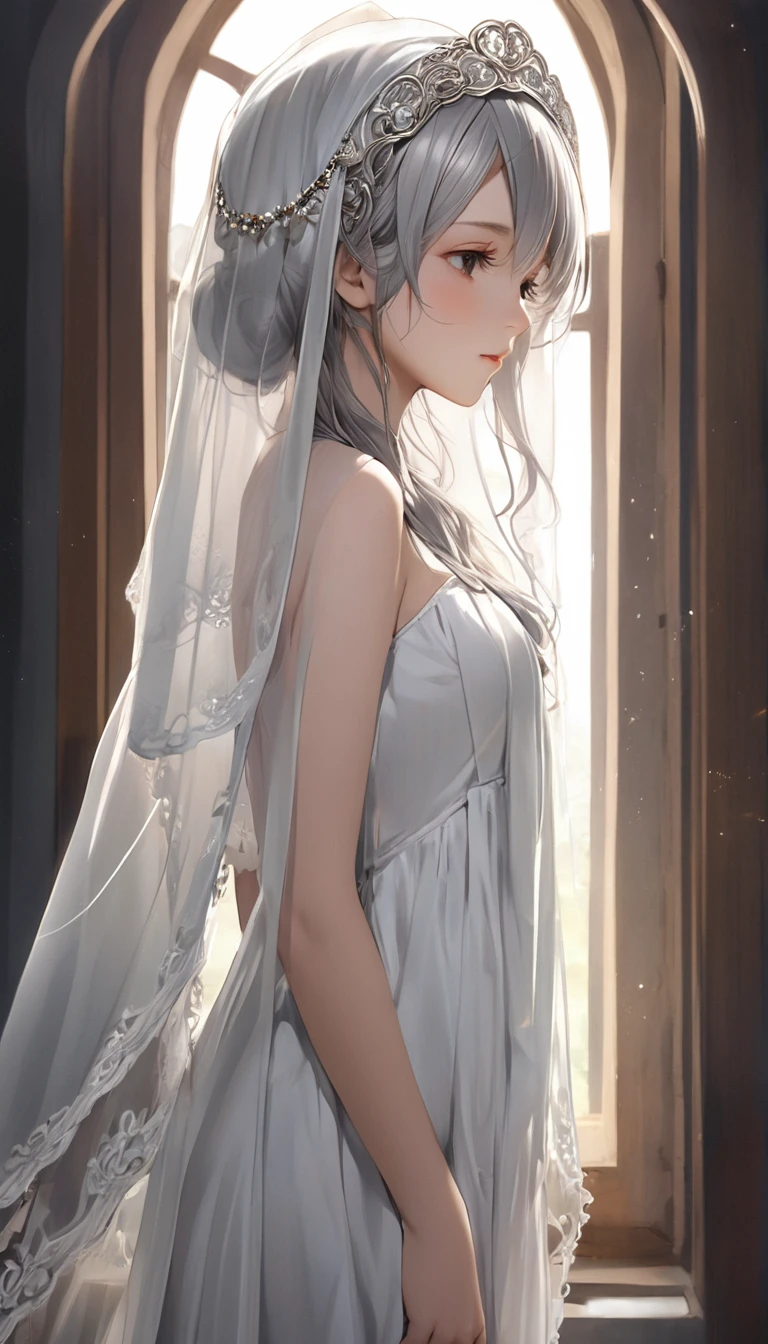 (masterpiece, Highest quality:1.2), One girl, alone,bony body、15 years old、Veil on head, Grey Veil, Gray Hair, Grey White, Gubes&#39;s art style, Arrogant and indifferent girl, Half-squinted, White eyes玉, White eyes, National style, Off-white