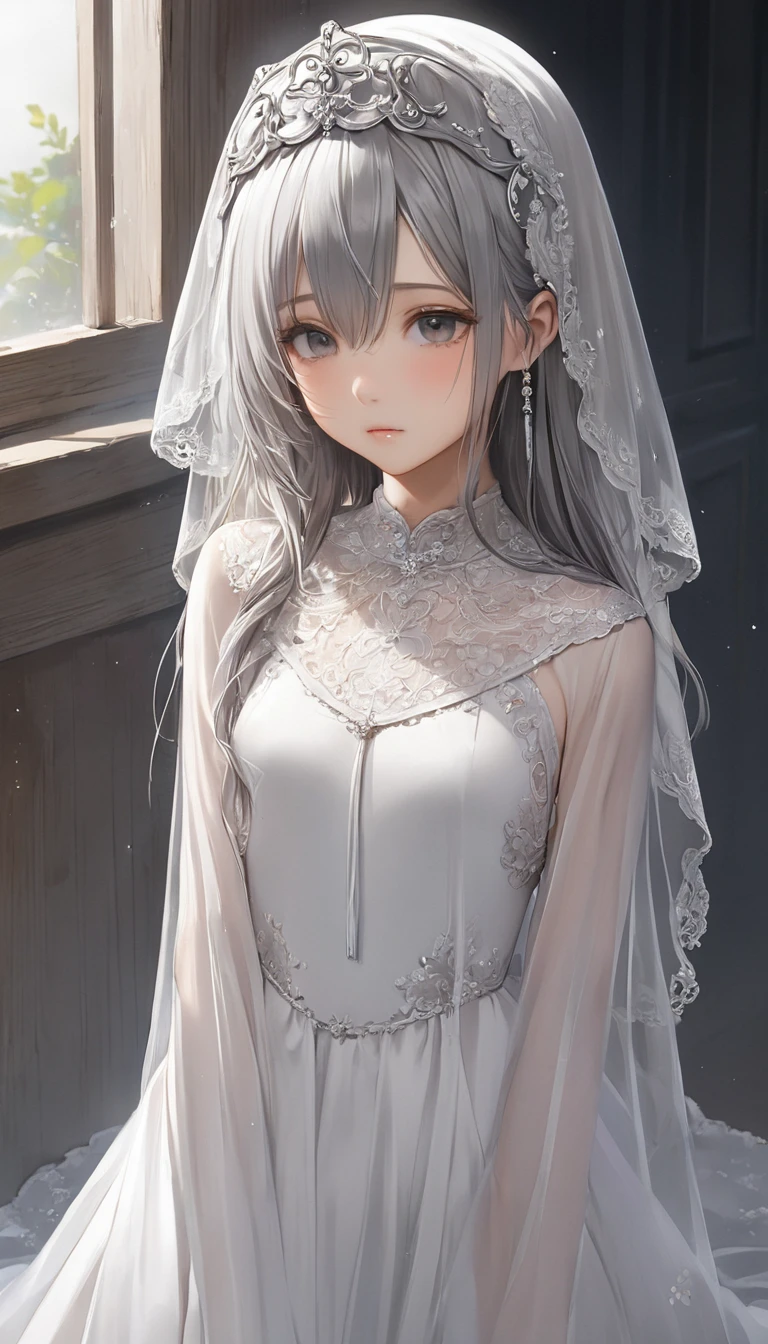 (masterpiece, Highest quality:1.2), One girl, alone,bony body、15 years old、Veil on head, Grey Veil, Gray Hair, Grey White, Gubes's art style, Arrogant and indifferent girl, Half-squinted, White eyes玉, White eyes, National style, Off-white