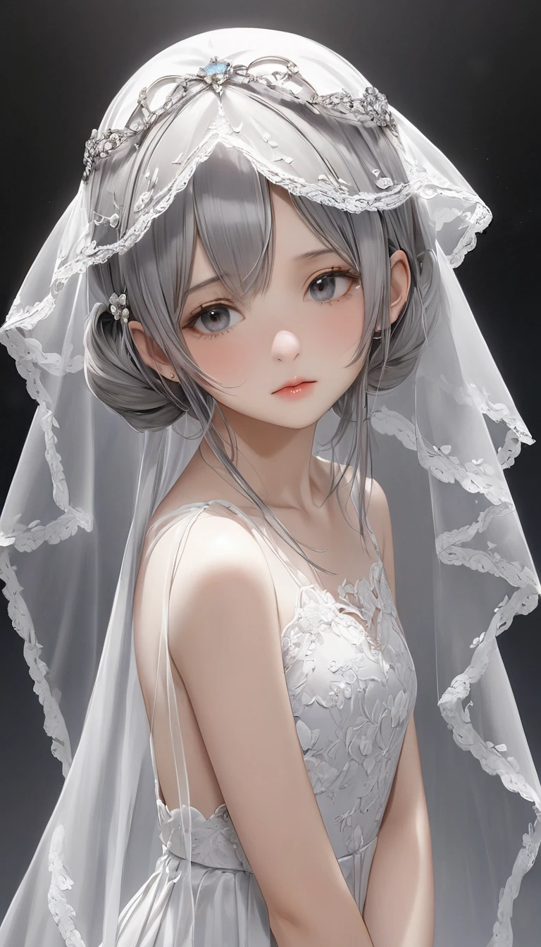 (masterpiece, Highest quality:1.2), One girl, alone,bony body、15 years old、Veil on head, Grey Veil, Gray Hair, Grey White, Gubes&#39;s art style, Arrogant and indifferent girl, Half-squinted, White eyes玉, White eyes, National style, Off-white