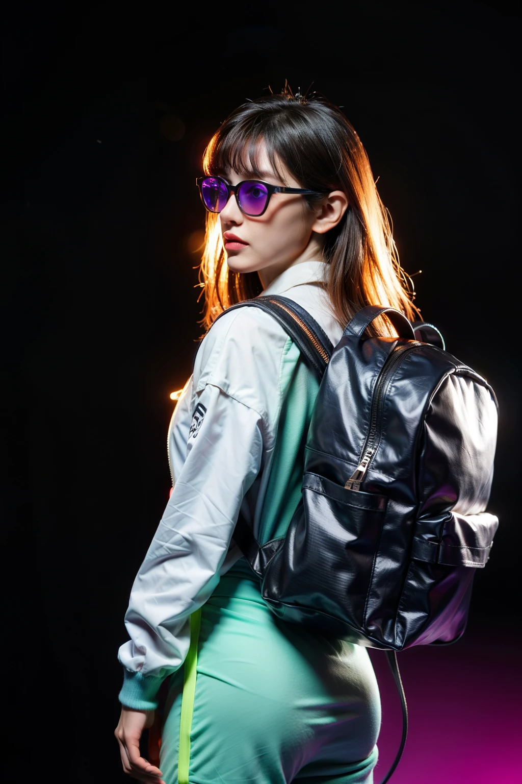 (front view:1.4), a women 30 year old, solo, orange spacesuit, bangs, brown(long hair), bag, blurry_background, purple neon light, backpack, zipper, urban techwear, outfit, rayban sunglasses, wearing a headphone(white color blue neon lights on it), Fungky stylish.