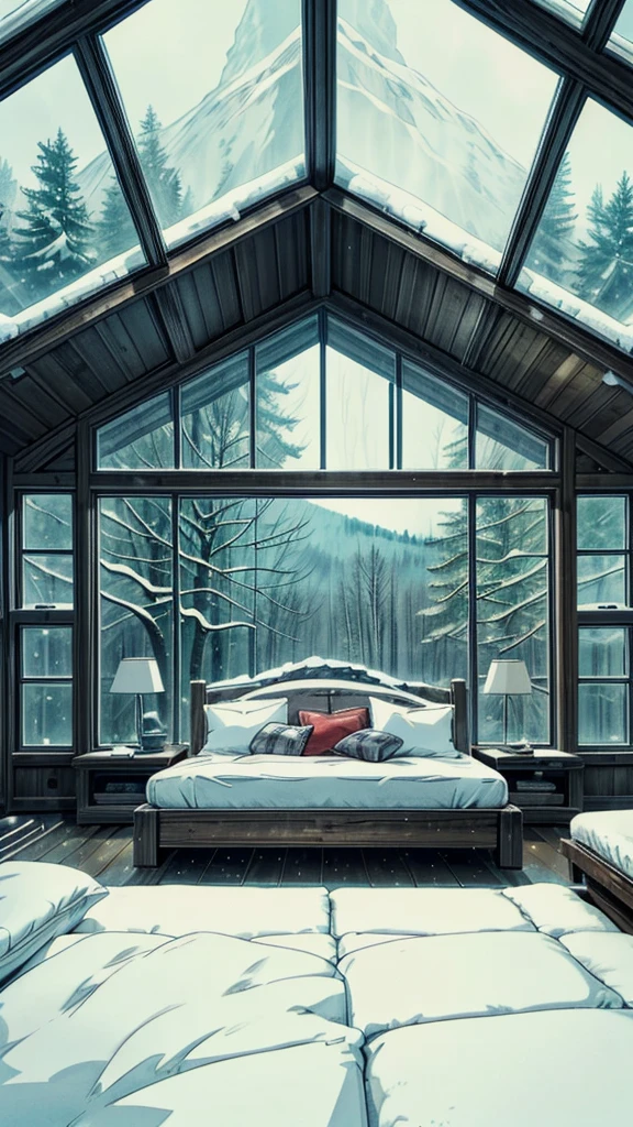 "Create an image of a cozy, modern glass cabin in the middle of a snowy forest. The scene should feature a comfortable, neatly made bed with white bedding and pillows, positioned near large glass windows and a glass ceiling. Outside, snow-covered trees and a serene winter landscape are visible, giving a tranquil and peaceful atmosphere. The interior should feel warm and inviting, contrasting with the cold, snowy scenery outside."