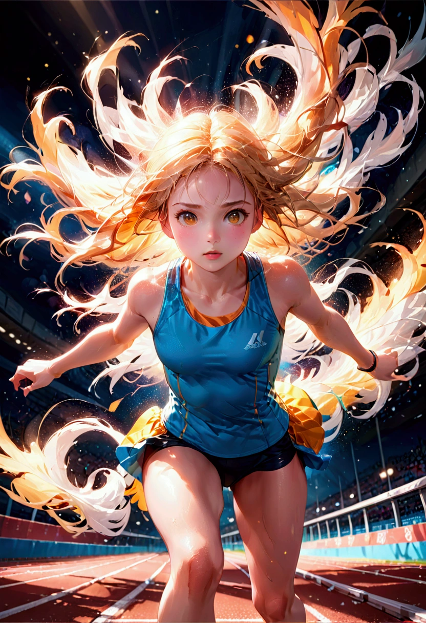 1girl, sports photography, The athlete runs on the track, dynamic sports action, high energy, athlete in motion, dramatic lighting, high contrast, vivid colors, cinematic composition, extreme detail, (4k, 8k, highres:1.2), ultra-detailed, HDR, UHD, studio lighting, ultra-fine painting, sharp focus, physically-based rendering, extreme detail description, professional, vivid colors, bokeh, masterpiece, best quality, very aesthetic, absurdres
