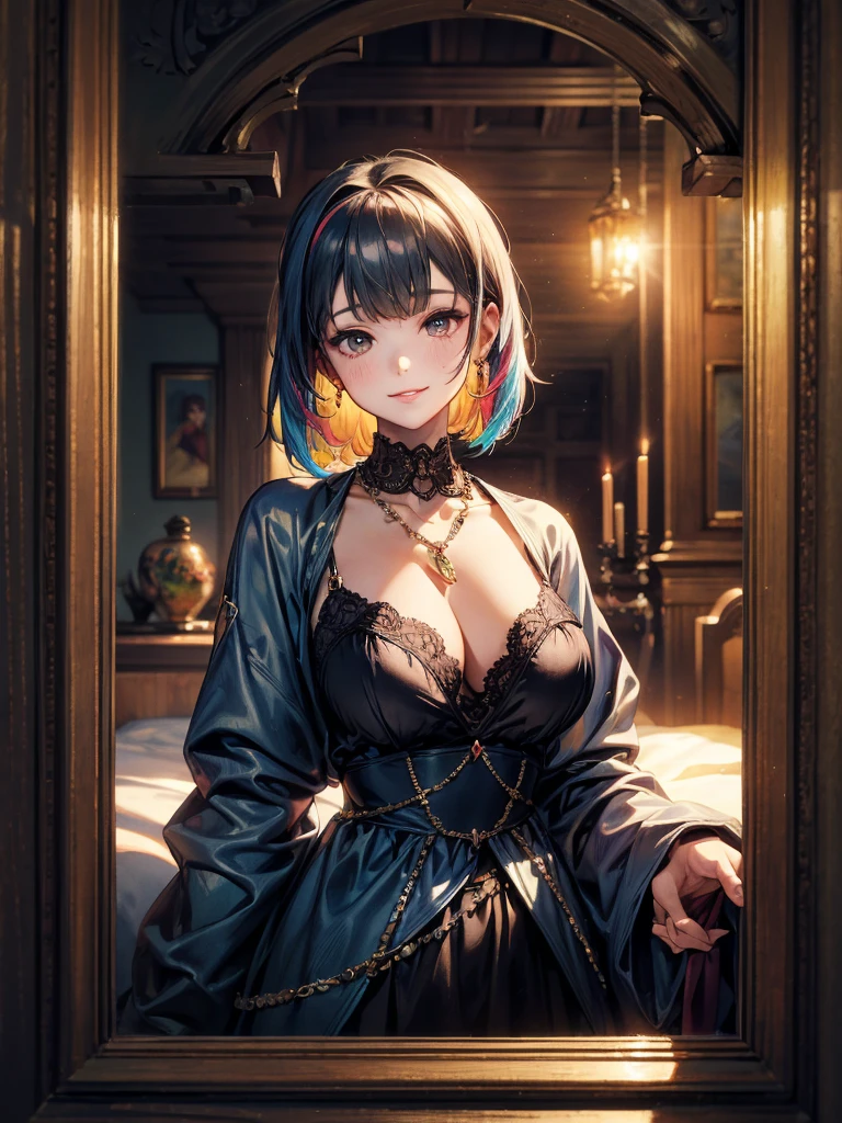 (masterpiece, top quality, best quality, official art, beautiful and aesthetic:1.2),(colorful:1.2),
(1girl:1.2),
beautiful face, pale face, black eyes, astunningly beautiful medieval courtesan, cleavage, woman shining eyes, smirk, sultry look, seductive smile, sexy, intricate medieval dress with plunging neckline, embroidery, necklace, jewelry, detailed medieval castle interior in background, fantasy setting, sunset, sunny day
, fantasy concept art, sultry look, seductive