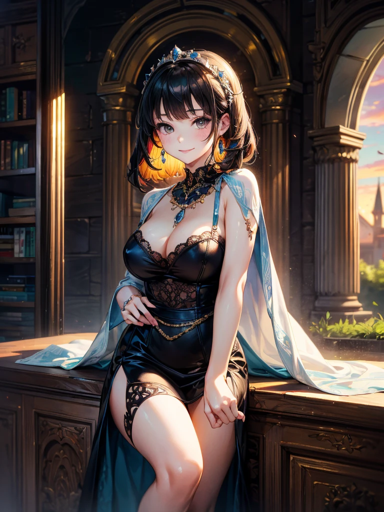 (masterpiece, top quality, best quality, official art, beautiful and aesthetic:1.2),(colorful:1.2),
(1girl:1.2),
beautiful face, pale face, black eyes, astunningly beautiful medieval courtesan, cleavage, woman shining eyes, smirk, sultry look, seductive smile, sexy, intricate medieval dress with plunging neckline, embroidery, necklace, jewelry, detailed medieval castle interior in background, fantasy setting, sunset, sunny day
, fantasy concept art, sultry look, seductive