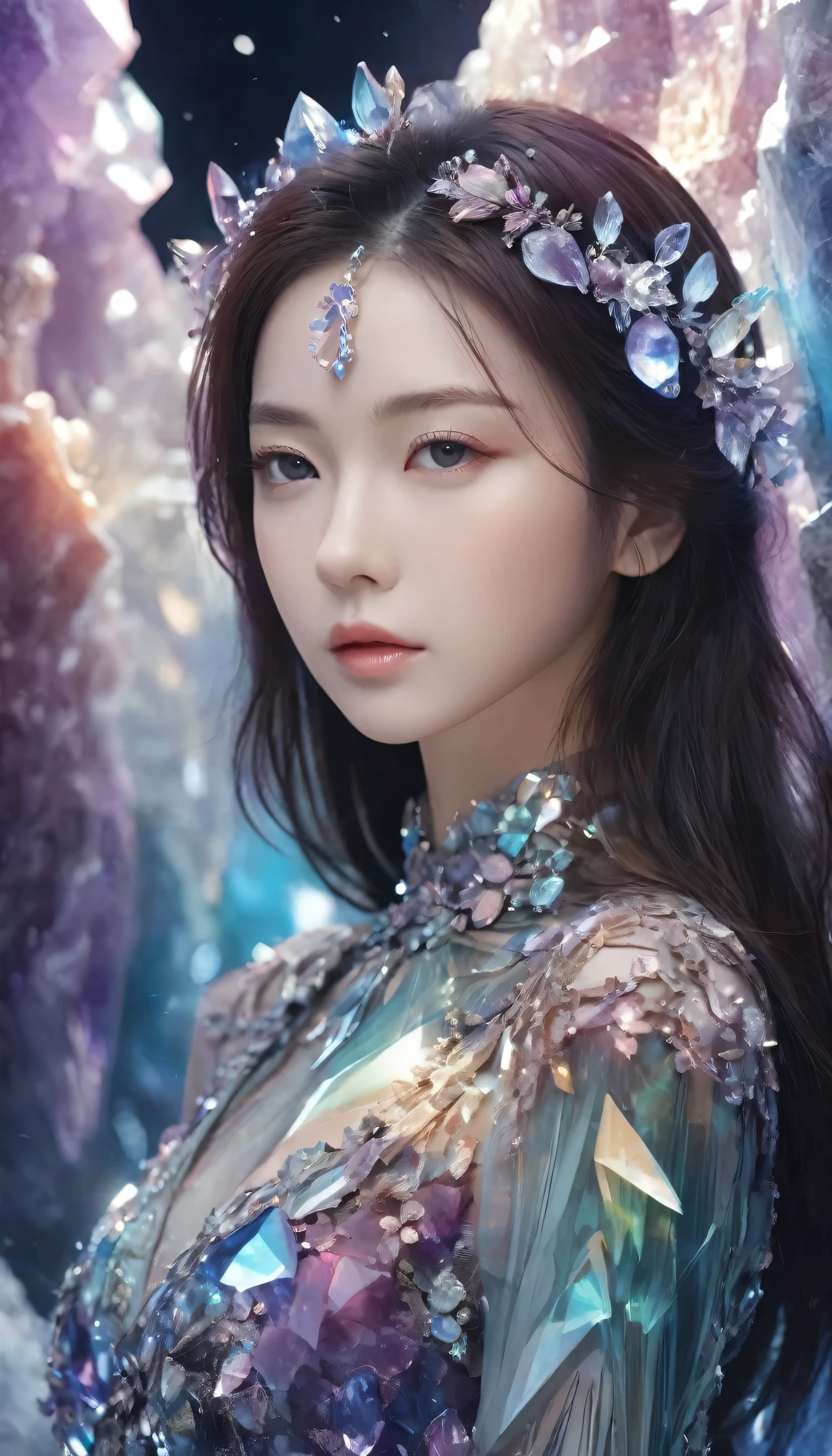 A beautiful woman，Half-length photo，Wearing clothes made of crystal，Surround yourself with magical cave walls made of mineral crystals，covered with precious crystals, Crystal Cluster，underground, exploration, Stibnite crystals，Glowing crystal, fluorite crystal,Related mineral crystals , Mysterious atmosphere, Shiny crystal, Natural Crystal, sparkling reflections, underground湖, Hidden treasure, mineral structure，(Best quality，Extremely detailed，Best Illustration Award，The best shadow，masterpiece，high resolution，），Surrealism，(Multiple Exposure:1.5)