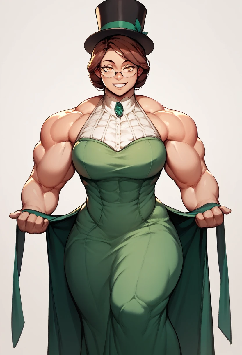 Muscular,women,female,top hat,brown hair,yellow eyes,elegant Green dress,long dress,Glasses,an exposed leg,smile ,solo,breasts,,dock,bay,(Hypermuscle:1.2),front View,innerboobs,