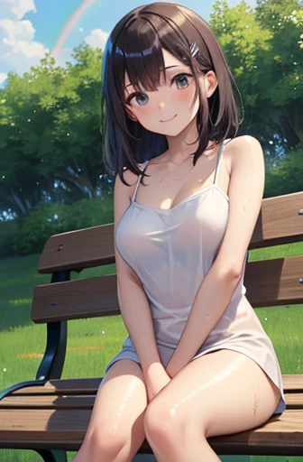 ((masterpiece, Highest quality)),Beautiful very detailed,8k wallpaper, One Girl, (Glowing Skin:1.5), Plump, clavicle, Teen, Large Breasts, Aqua Eye,(Very fine particles:1.5), A shy smile, blush,Embarrassing, Brown Hair, Medium Hair, Straight hair,bangs, Twin Blade,Hair Clip, naked,靴Down,loafers,((Sit on a bench)), (Spread your legs), Camel Toe, Lean back,whole body, Looking at viewer,from_Downに,Wet Skin, Wet Hair,(Shiny Hair:1.5),Put your hands in your hair, Outdoor, cloud,sunlight,(rainbow:1.2),Sky after rain,Hydrangea,Leaf with water drops,Looking_Down,town,Structure of the film,Dutch Angle,