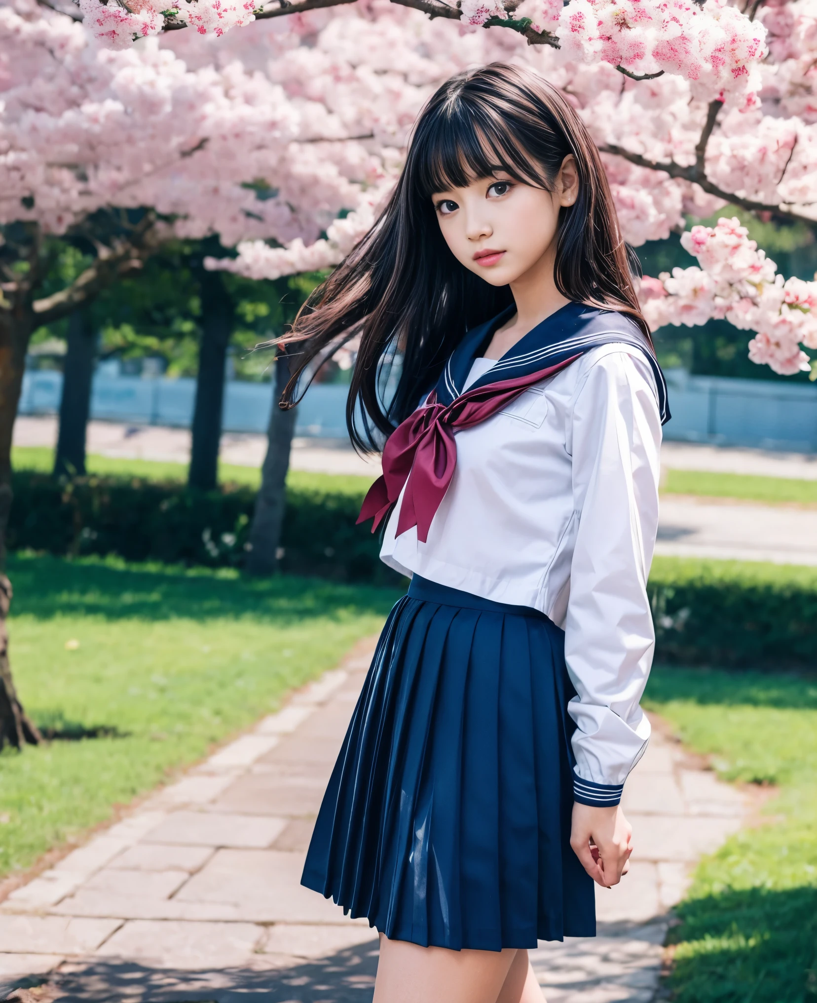 1girl, 18yo girl, sailor uniform, ((ankle length skirt)), extremely detailed face and eyes, beautiful detailed lips, long eyelashes, intricate detailed hair, elegant posture, (masterpiece:1.2), ultra-detailed, photorealistic, 8k, vibrant colors, dramatic lighting, cinematic composition, beautiful landscape background, cherry blossom trees