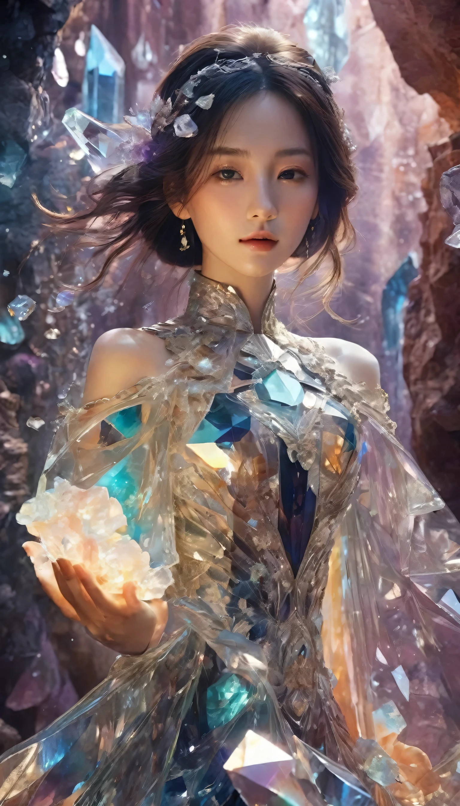 A beautiful woman，Half-length photo，Wearing clothes made of crystal，Surround yourself with magical cave walls made of mineral crystals，covered with precious crystals, Crystal Cluster，underground, exploration, Stibnite crystals，Glowing crystal, fluorite crystal,Related mineral crystals , Mysterious atmosphere, Shiny crystal, Natural Crystal, sparkling reflections, underground湖, Hidden treasure, mineral structure，(Best quality，Extremely detailed，Best Illustration Award，The best shadow，masterpiece，high resolution，），Surrealism，(Multiple Exposure:1.5)