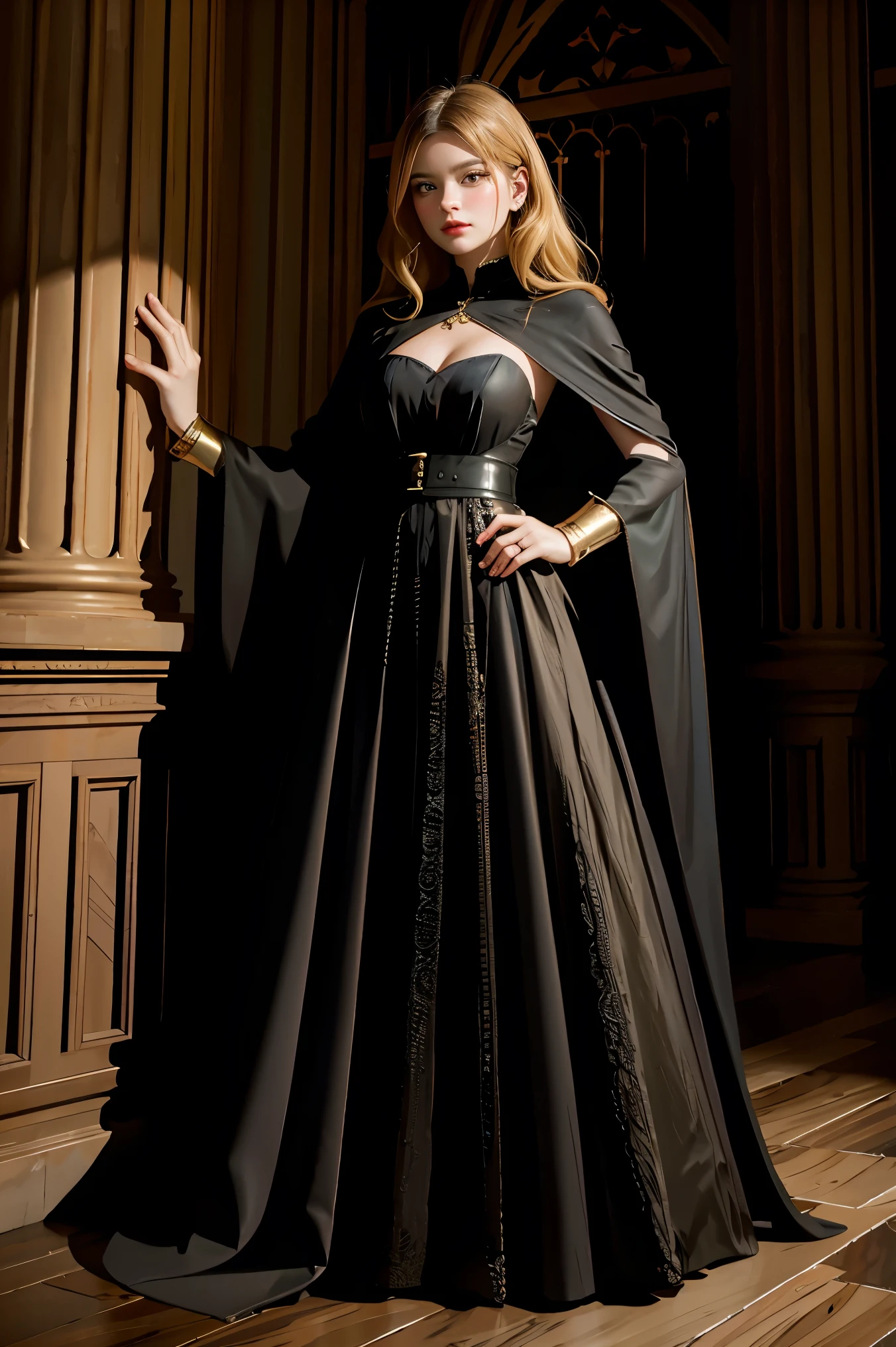 1girl, dark soul, dim light, old church, mature female, slim, tall, long blonde curly hair, long black cape, red leotardy long skirt, long skirt with diamond, gold bracelet, 8k, Official style, European aristocracy, 