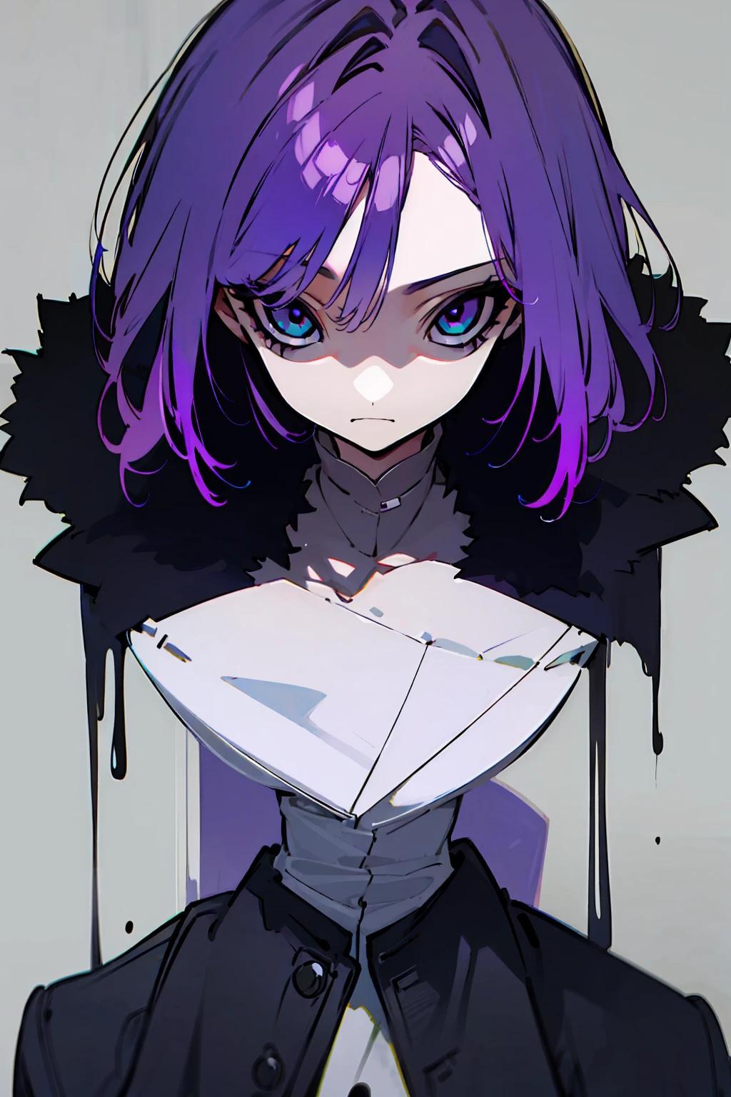 One Girl, Very detailed, beautifully、aesthetic, masterpiece, Highest quality, Purple Hair、Black leather coat、Bright blue and white eyes、Eyes of Determination、depression、I'm thinking

